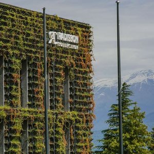 Hotel exterior with Caucasus Mountains view