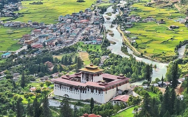 Looking down the Paro Valley and Paro Dzong. 