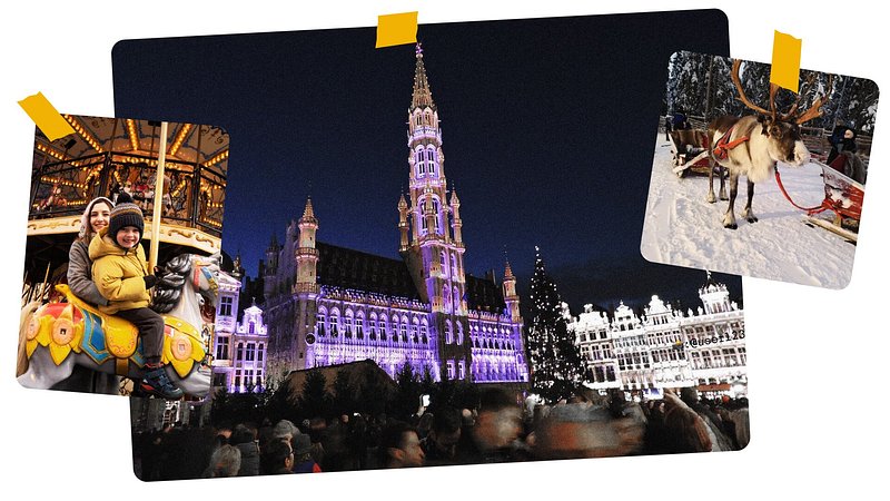 Fotocollage mit Reisenden auf dem Weihnachtsmarkt und verschiedenen festlichen Aktivitäten