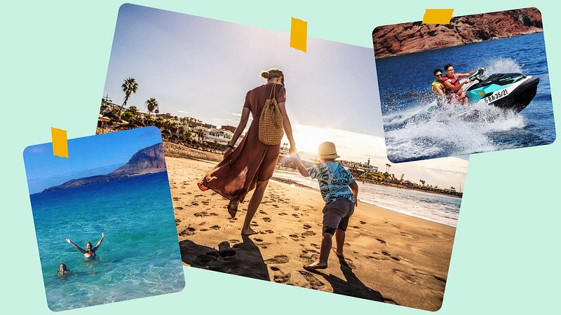 Ett fotokollage med en familj på stranden och vattensportaktiviteter på soliga resmål