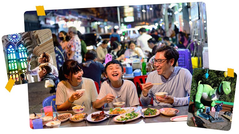 En billedcollage med en familie, der spiser streetfood udendørs, og forskellige sightseeingaktiviteter i storbyer