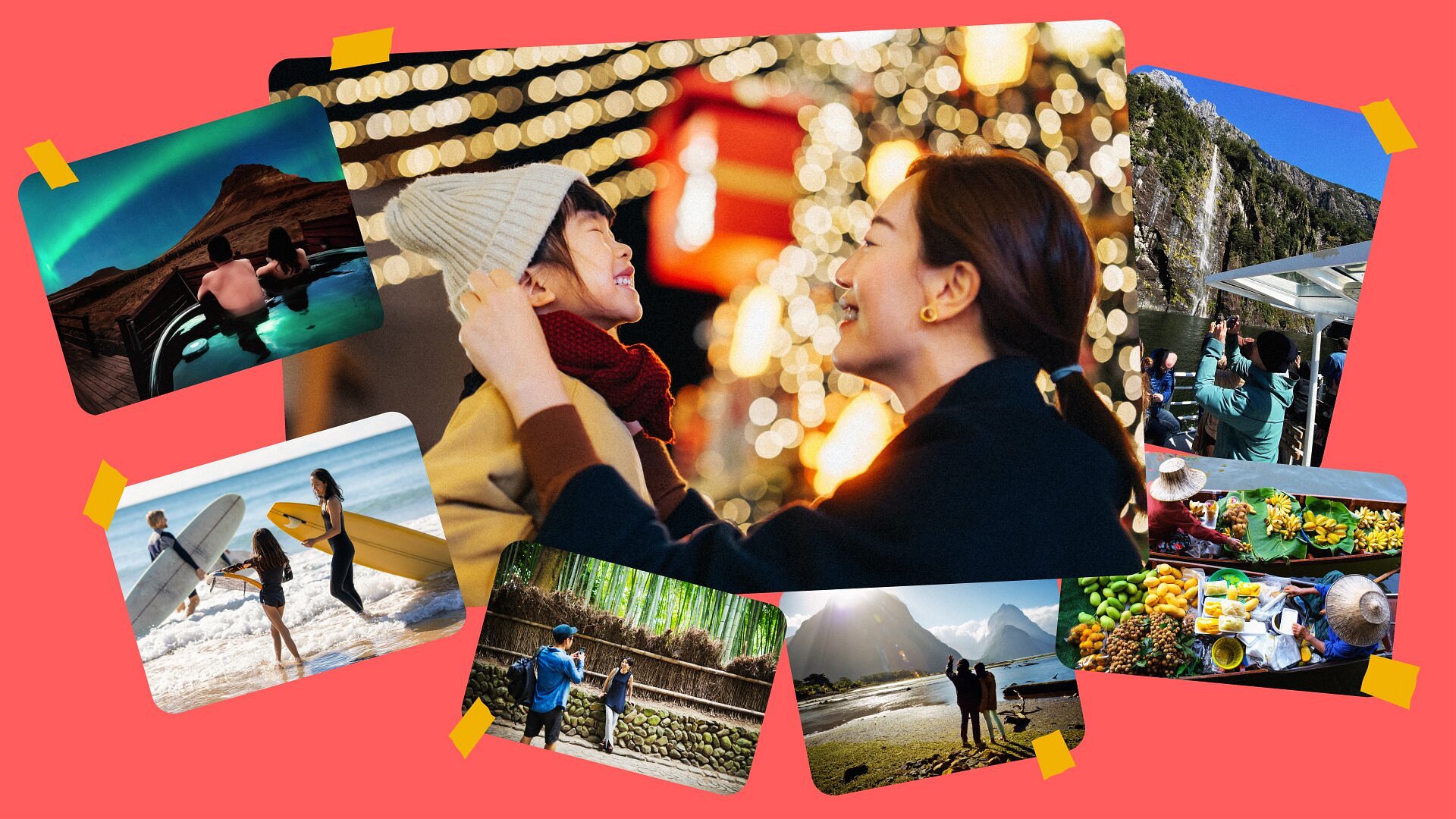 A heartwarming photo of a mother and child marveling at festive light-ups, surrounded by a photo collage of other travelers on popular year-end trips during the festive season
