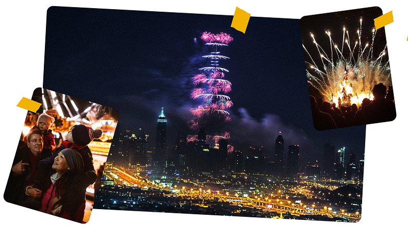 A photo collage featuring the New Year’s Eve fireworks at Burj Khalifa, and various other festive year-end activities