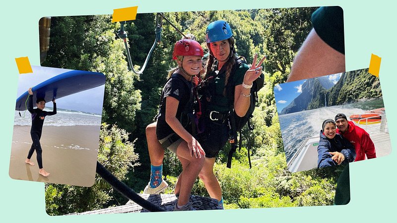 A photo collage featuring a mother and child ziplining in a forest, and various other adventure activities