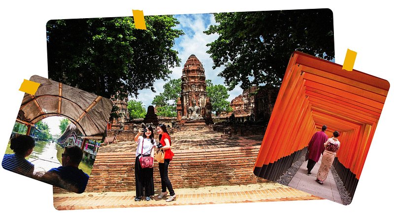 A photo collage featuring two friends taking a photo at a temple, and various other cultural city tours