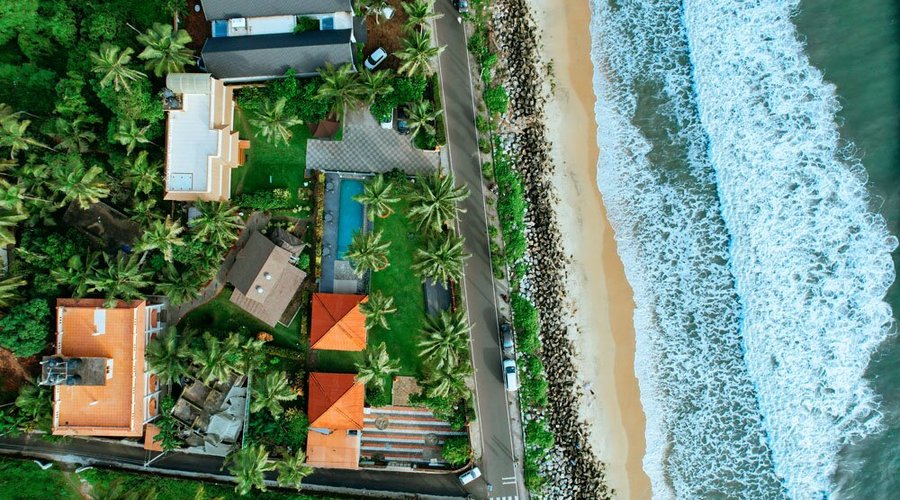 Ariel view of Asokam Beach Resort at Payyambalam Beach Kannur Kerala. A vedic retreat by the sea.