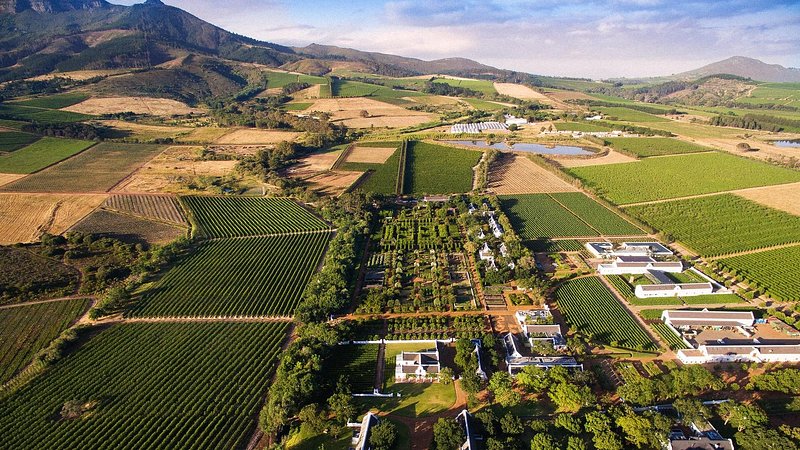 Aerial view of the verdant valley of Babylonstoren, Franschhoek, South Africa