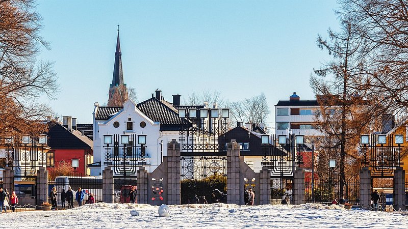 Straight on view of the Oslo city skyline from The Vigeland Park in the winter season