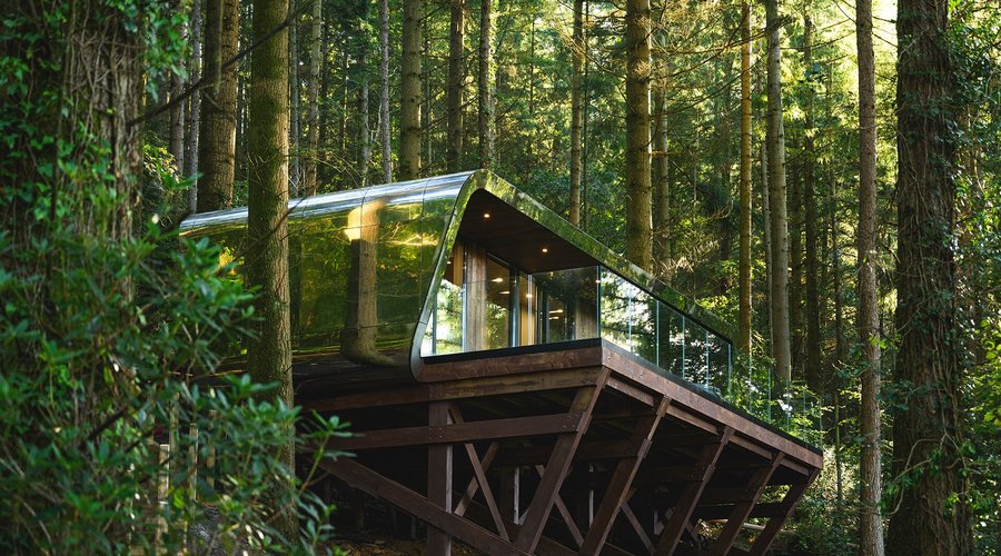 The front of your lodge nestled in the forest.