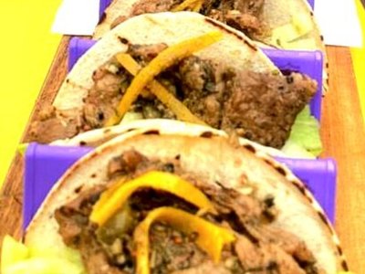 Pork Tacos in Corn Tortilla witn Salsam Guacamole, Sour cream and pink pickled onions