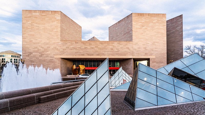 The exterior courtyard of the National Gallery of Art, with water features and raised skylights