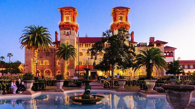 The Lightner Museum exterior decorated with Christmas decorations and lights