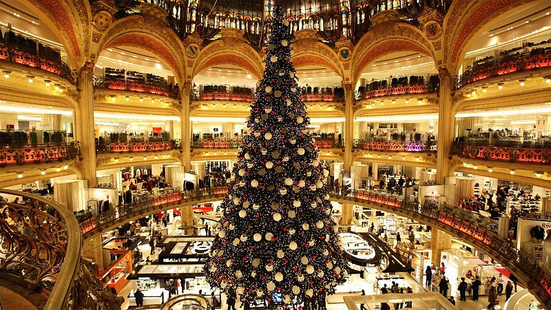 Large Christmas tree decorating Galeries Lafayette store floor