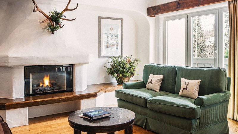 Fireplace in suite living room at Sonnenalp Vail