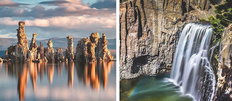 Left: Limestone formations reflecting over lake; Right: Large waterfall next to high rock