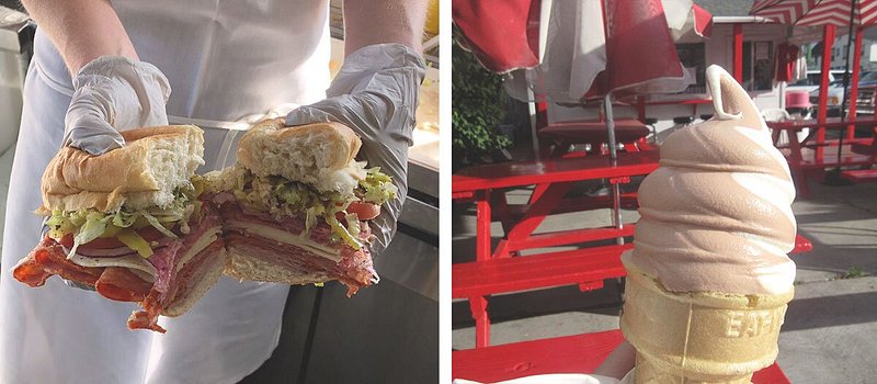 Left: Hands holding up halved sandwich stacked high with deli meats and veggies; Right: Chocolate and vanilla ice cream cone