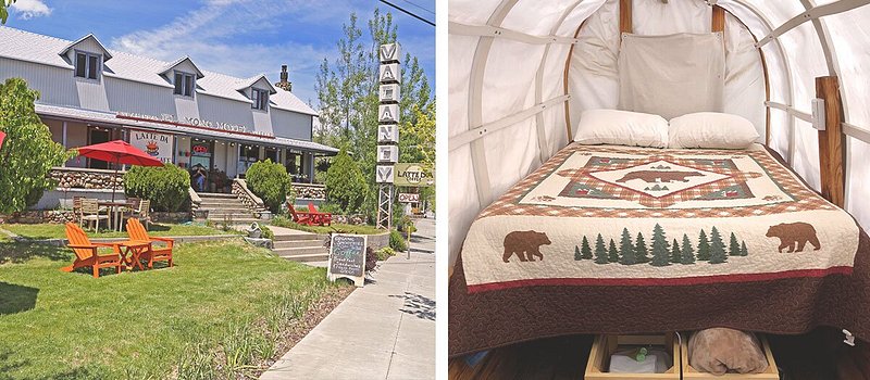 Left: Exterior of two-story motel with Adirondack chairs on front lawn; Right: Inside of canvas tent with bedding featuring beds and trees