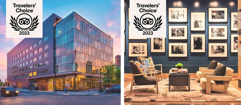 Left: Exterior of hotel reflecting sunset; Right: Seating area with four chairs and black-and-white photo gallery wall