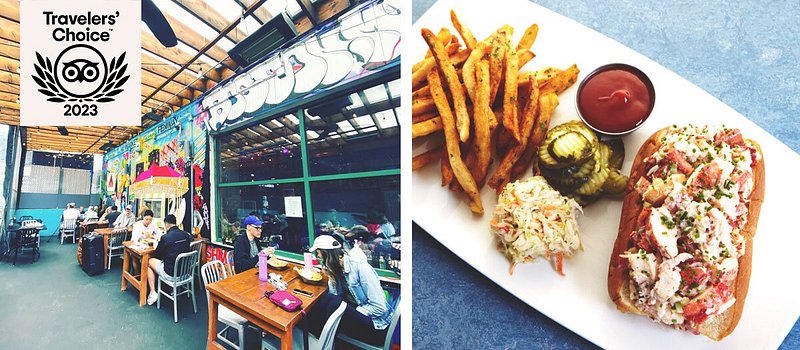 Left: People sitting at tables on patio; Right: lobster roll, coleslaw, and french fries