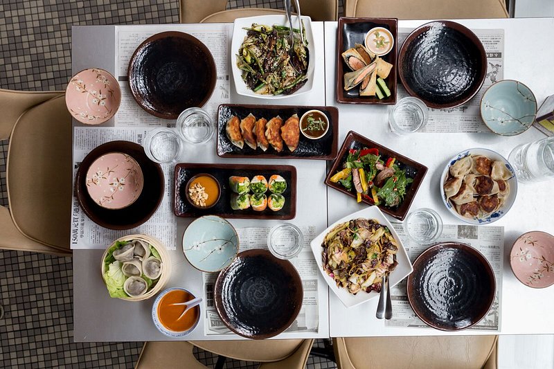 Overhead view of dishes like gyozas and sushi 