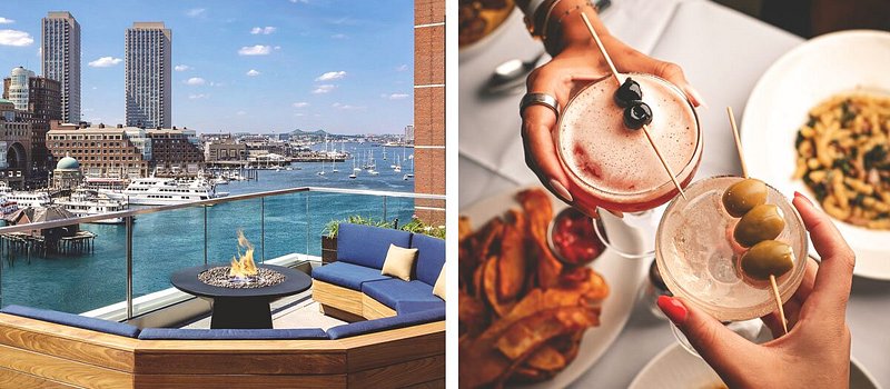 Left: Rooftop couch around fire pit overlooking water; Right: Two hands cheers-ing cocktails over food