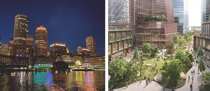 Left: View of water and skyline at night; Right: People walking around green space in middle of buildings