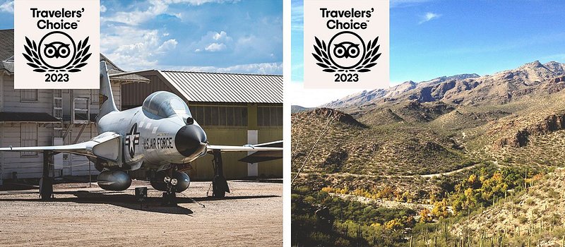 Left: Small, gray Air Force plane parked outside; Right: Canyon landscape dotted with green and yellow trees