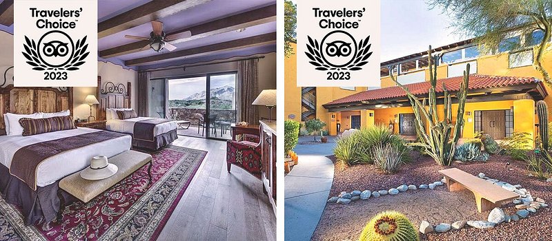 Left: Southwestern-style guest room with two beds and a balcony; Right: Exterior of yellow-painted hotel surrounded by desert plants