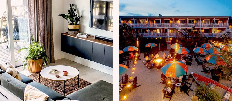 Left: Sitting area with glass door leading to balcony with chair; Right: Outdoor area with sand and Adirondack chairs under striped umbrellas