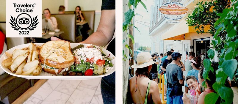 Left: Plate with a sandwich, salad, and potato wedges; Right: People lined up at Hot Dog Tommy's