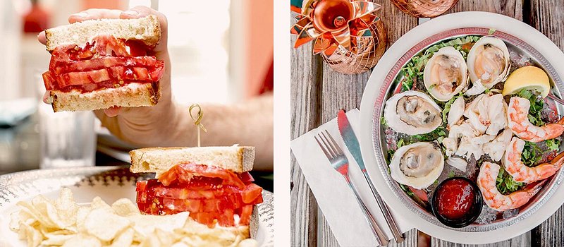 Left: Hand holding up sandwich with several tomato slices; Right: Plate of oysters and shrimp