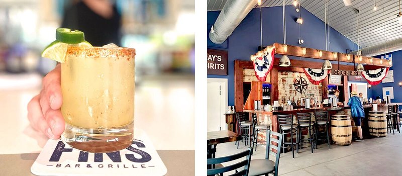 Left: Hand holding cocktail with lime wedge and jalapeno slice on rim; Right: Bar inside distillery with flags hanging and barrels next to stools