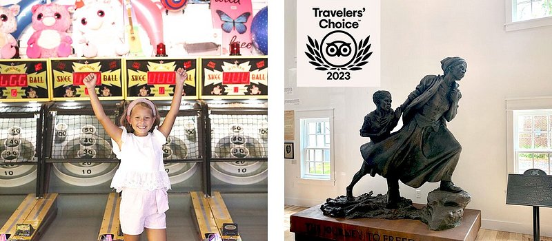 Left: Kid with arms up in front of skeeball; Right: Sculpture of Harriet Tubman and child