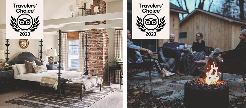 Left: Guest room with black four-post bed and red chimney; Right: People sitting outside by fire pit