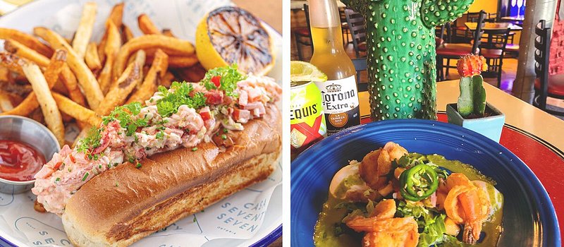 Left: Lobster roll and fries; Right: Shrimp dish in green sauce next to beer