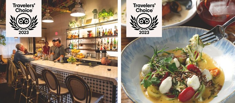 Left: People standing or sitting at marble bar; Right: Dish with zucchini noodles and tomatoes