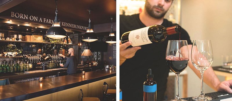 Left: Person behind dark bar; Right: Person pouring red wine in glass