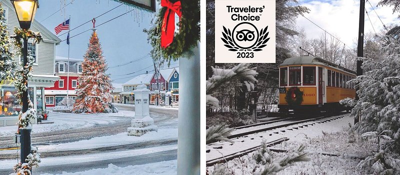 Left: Outdoor downtown area with Christmas tree; Right: Mustard-yellow train moving through snow-covered trees