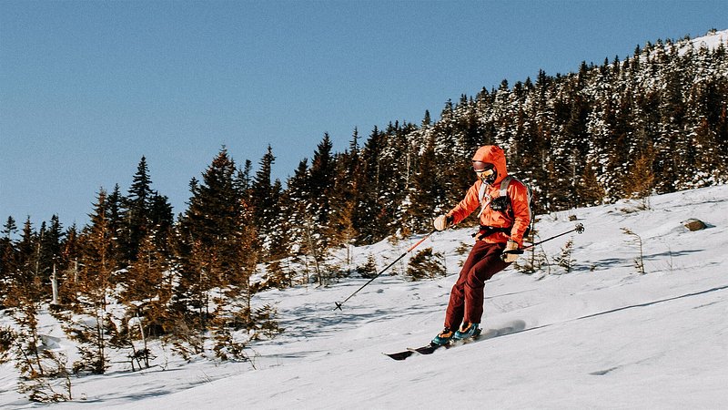 Skier descends down apline-lined slopes