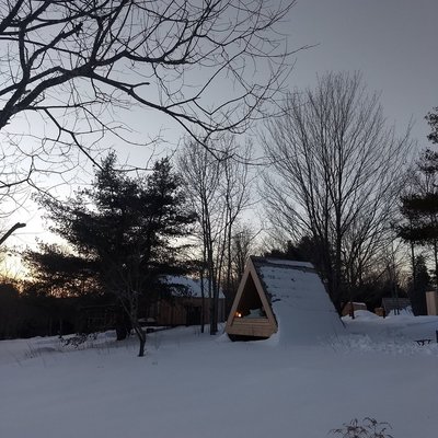 Exterior view of the Lushna-style cabins at Eastwind Hotel & Bar in the Catskills region, New York