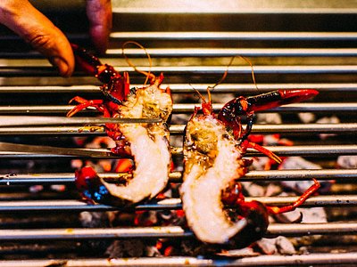 Close up view of a chef grilling a prawn at Firedoor