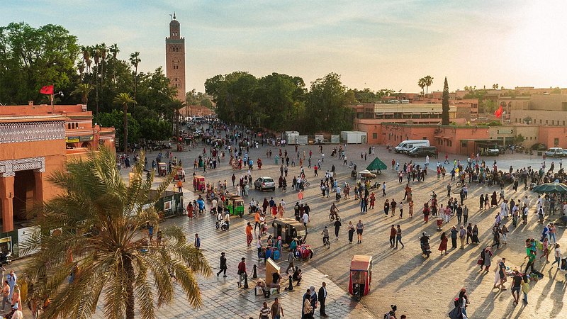 Aerial view of Jemaa el-Fnaa square and market place in Marrakesh, Morocco
