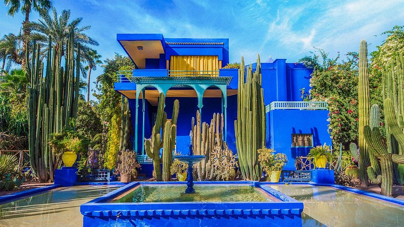 Bright blue exterior of Le Jardin Majorelle, Marrakech, Morocco