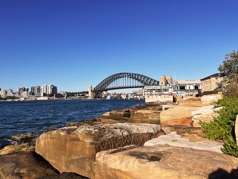 View of the Sydney Harbour Bridge from the sandstone rocks at Barangaroo Reserve