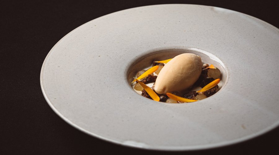 Pear ice cream/ spiced walnut cake/ candied NZ walnuts/ Chardonnay Jelly/ Cumin and maple yoghurt