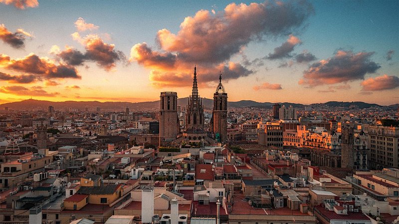 Aerial view of Barcelona Cathedral, at dusk, in Barcelona, Spain