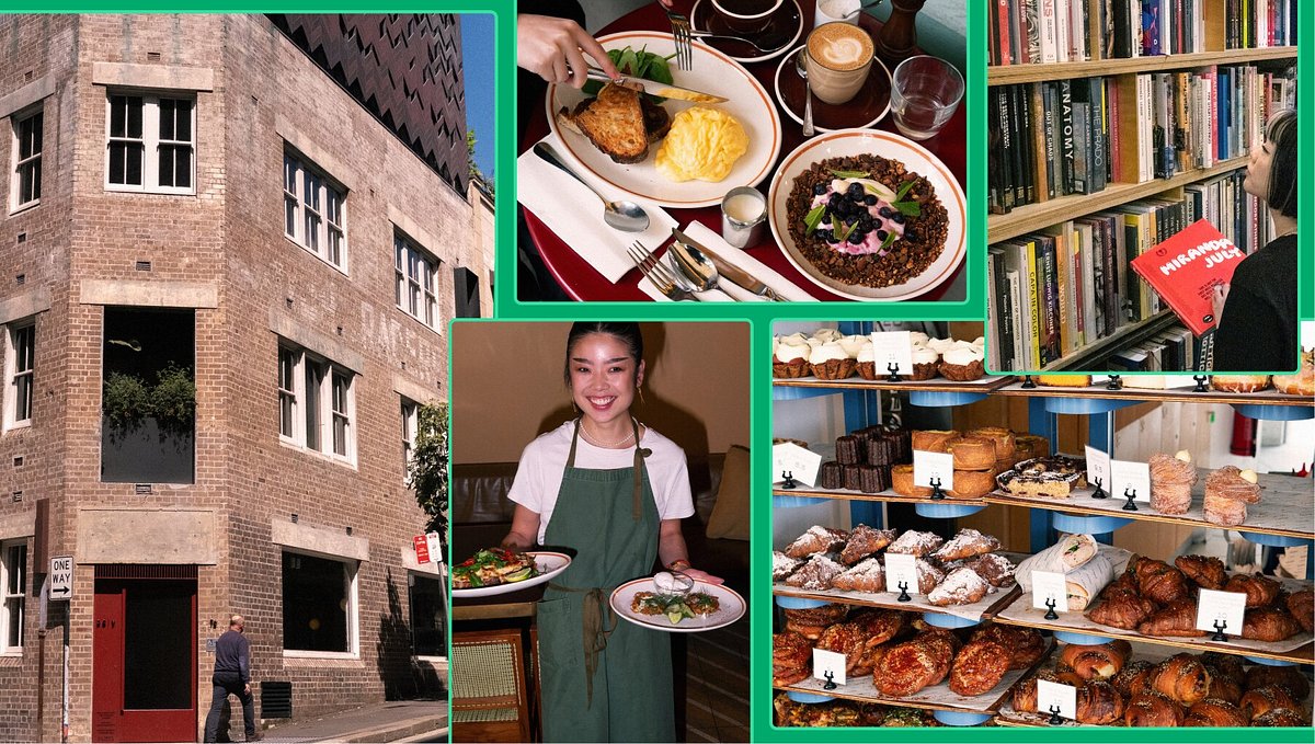 A photo collage. Starting clockwise from left: a man walking on the pavement outside Paramount House Hotel, a female waitstaff at bills holding two plates of food, a person cutting into a plate of scrambled eggs at bills, a woman browsing books at TITLE Store, a shelf of baked goods at A.P. House