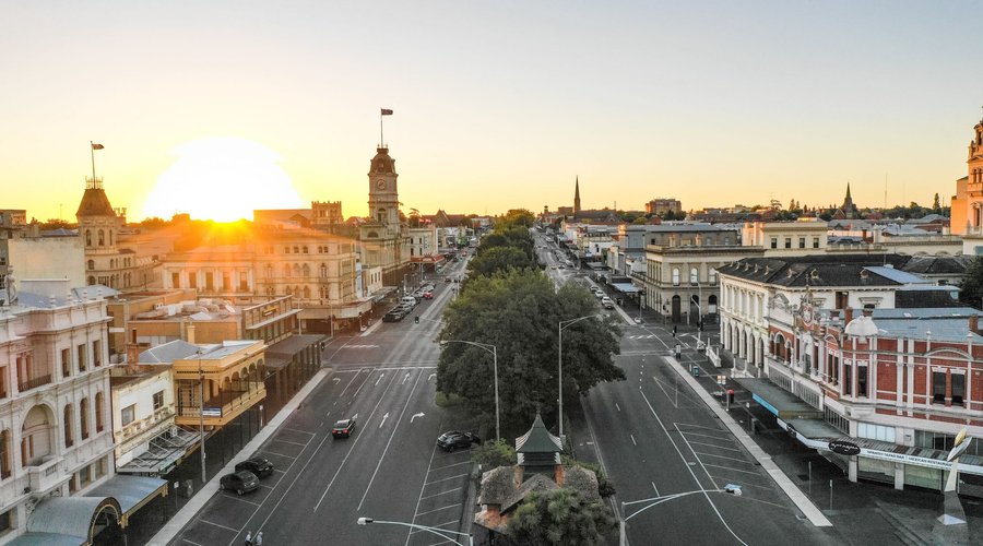 Bird's eye view lovely old buildings lots of trees superb rose displays well done Ballarat council