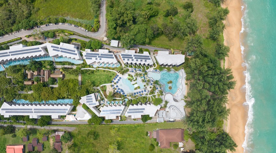 Aerial view of the resort grounds and beach.