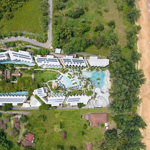 Aerial view of the resort grounds and beach.